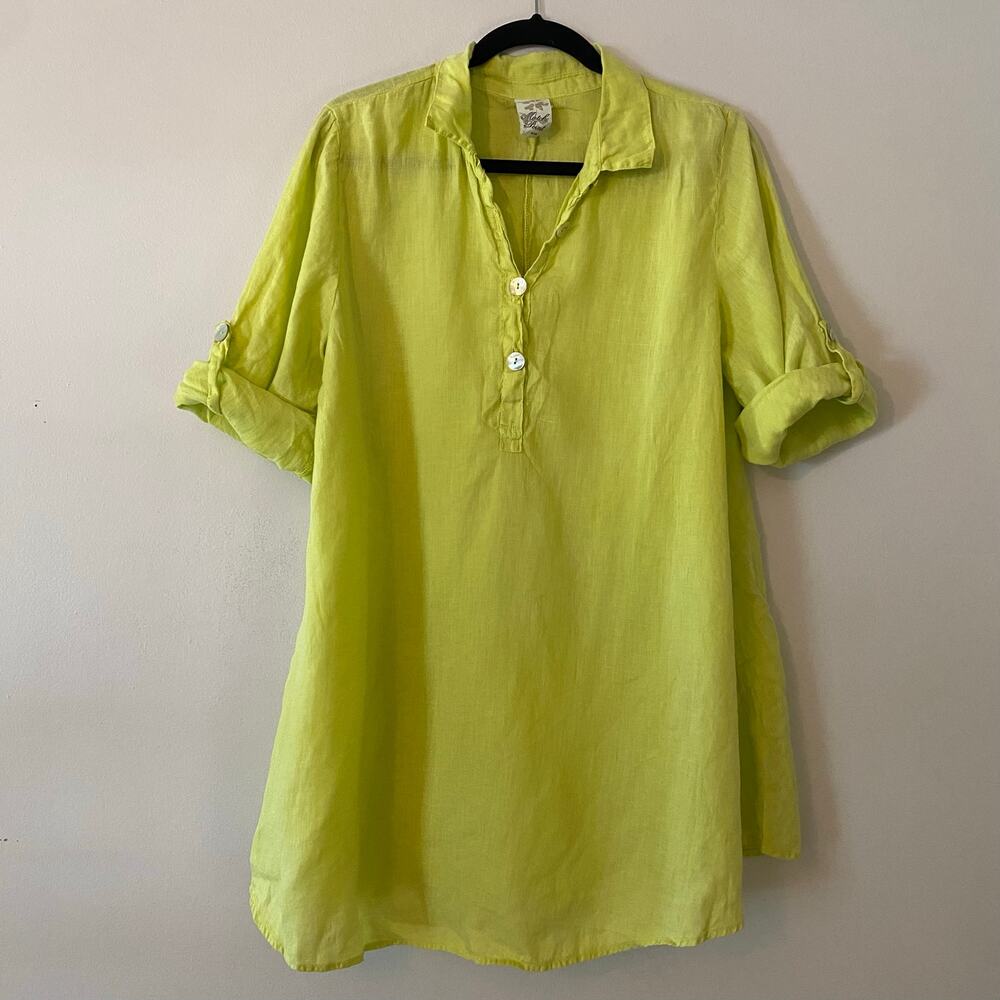 Match Point Chartreuse Green Linen Popover Tunic Mini Dress Minimalist Small